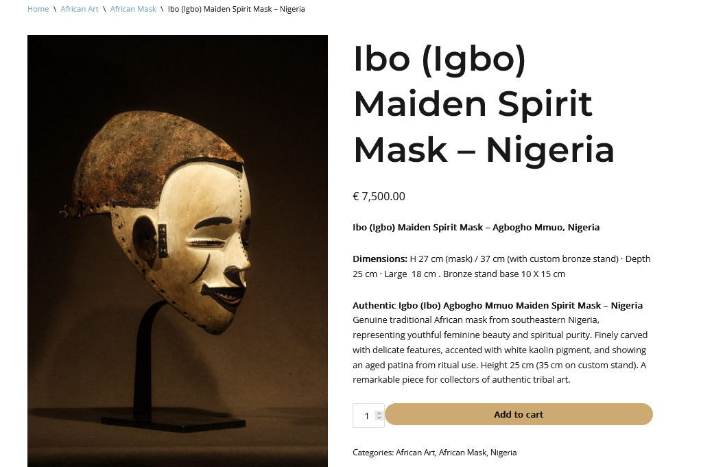 Screenshot 2026 01 12 at 16 41 49 Ibo (Igbo) Maiden Spirit Mask – Nigeria – Buy African Art Antiques